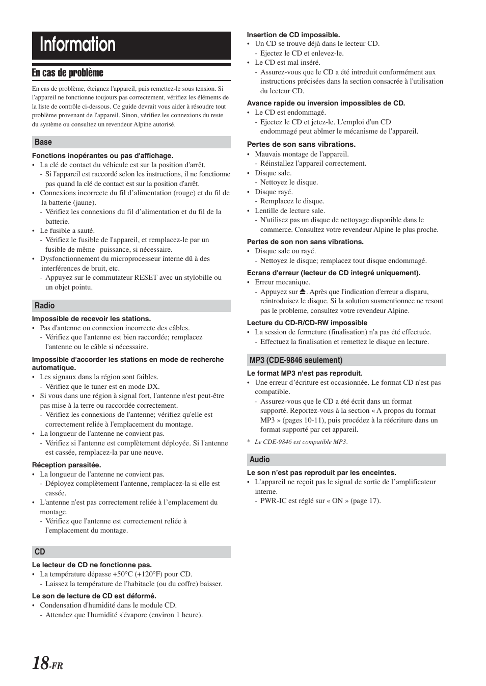 Information, En cas de problème | Alpine CDE-9846 User Manual | Page 43 / 72