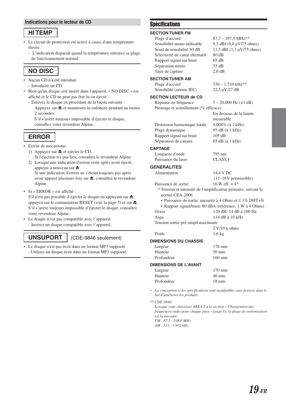 Spécifications, Hi temp, No disc | Error, Unsuport | Alpine CDE-9846 User Manual | Page 44 / 72