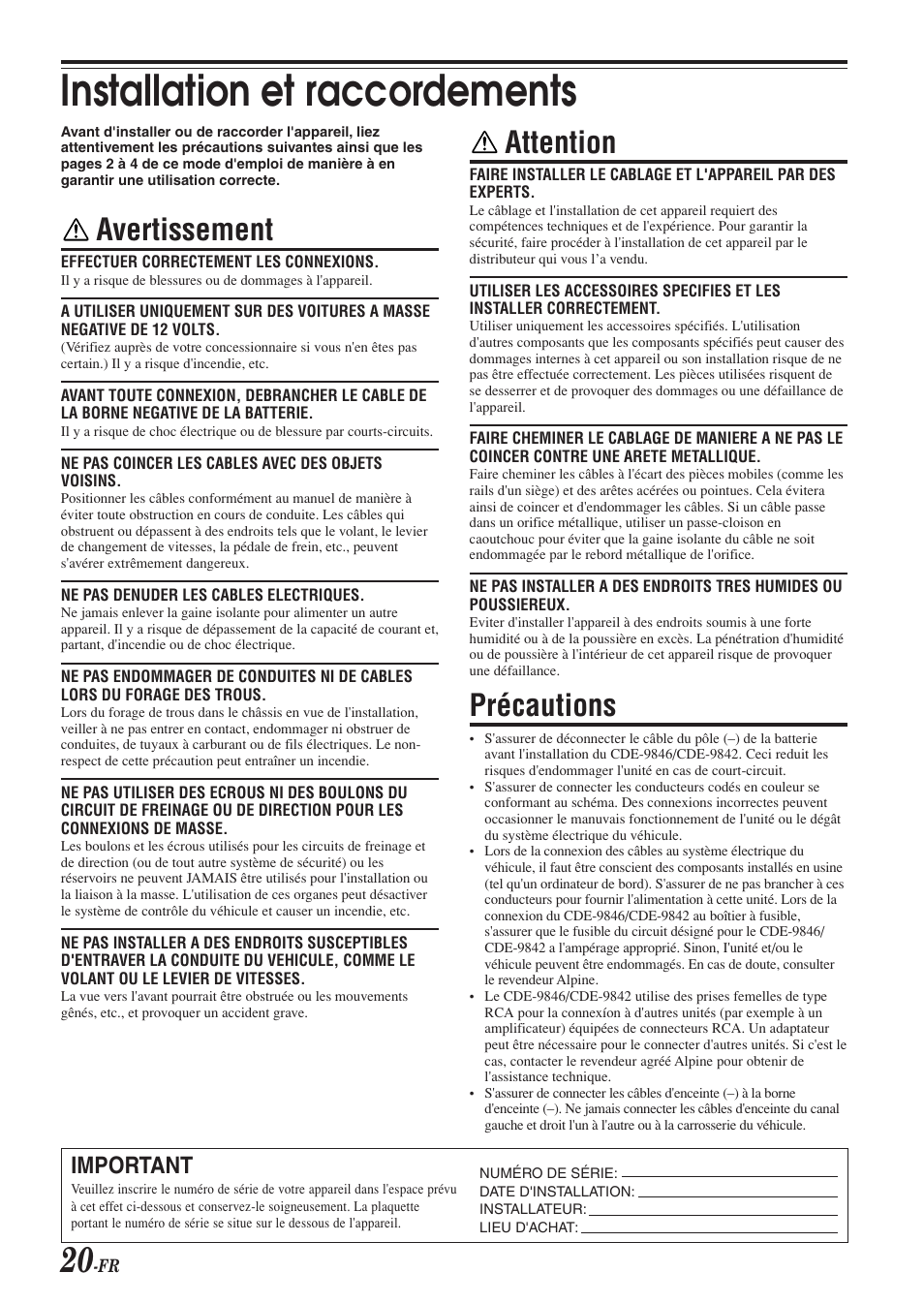 Installation et raccordements, Avertissement, Attention | Précautions, Important | Alpine CDE-9846 User Manual | Page 45 / 72