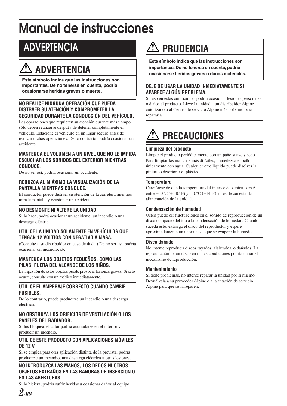Manual de instrucciones, Advertencia, Prudencia | Precauciones | Alpine CDE-9846 User Manual | Page 51 / 72