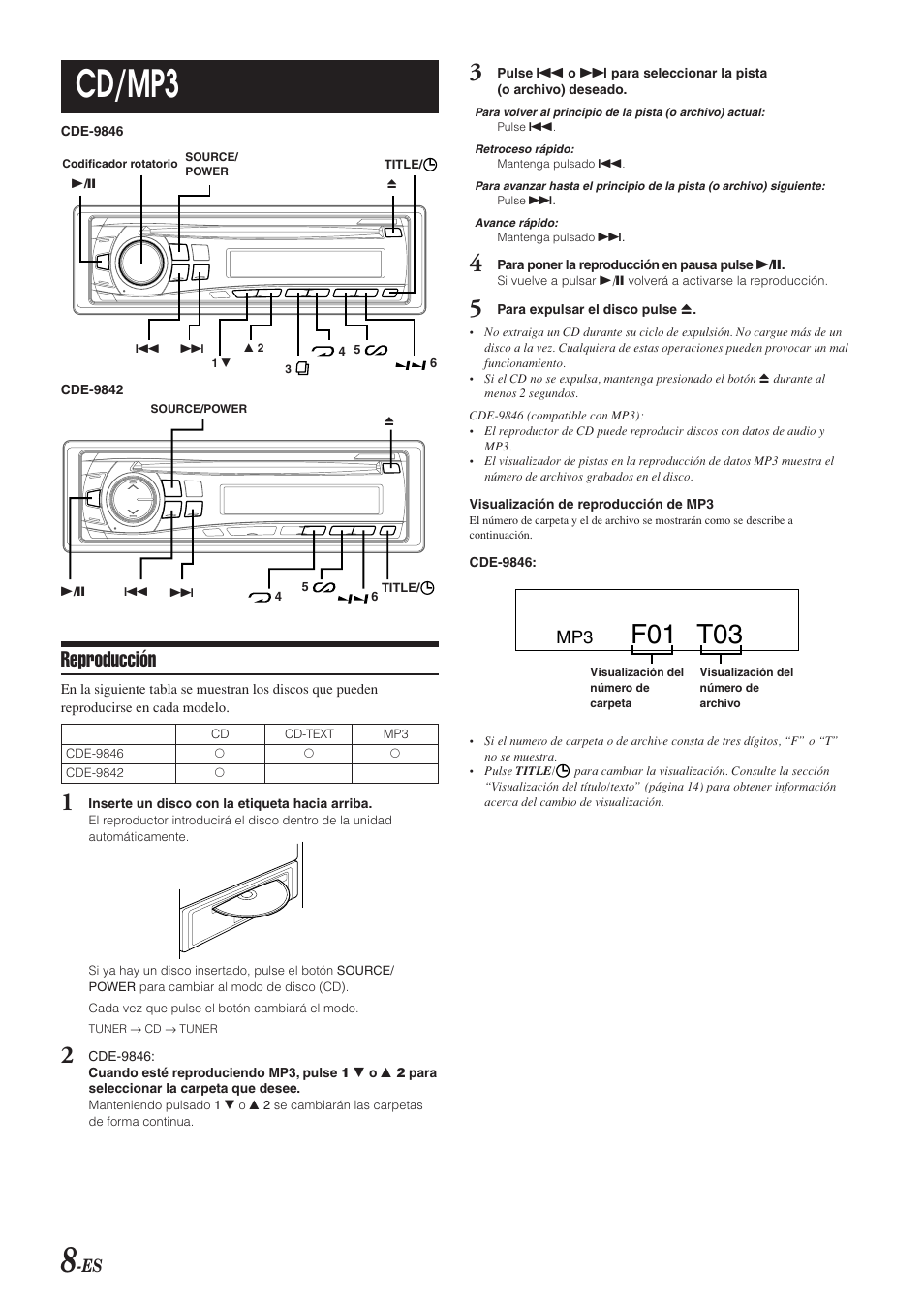 Cd/mp3, F01 t03, Reproducción | Alpine CDE-9846 User Manual | Page 57 / 72