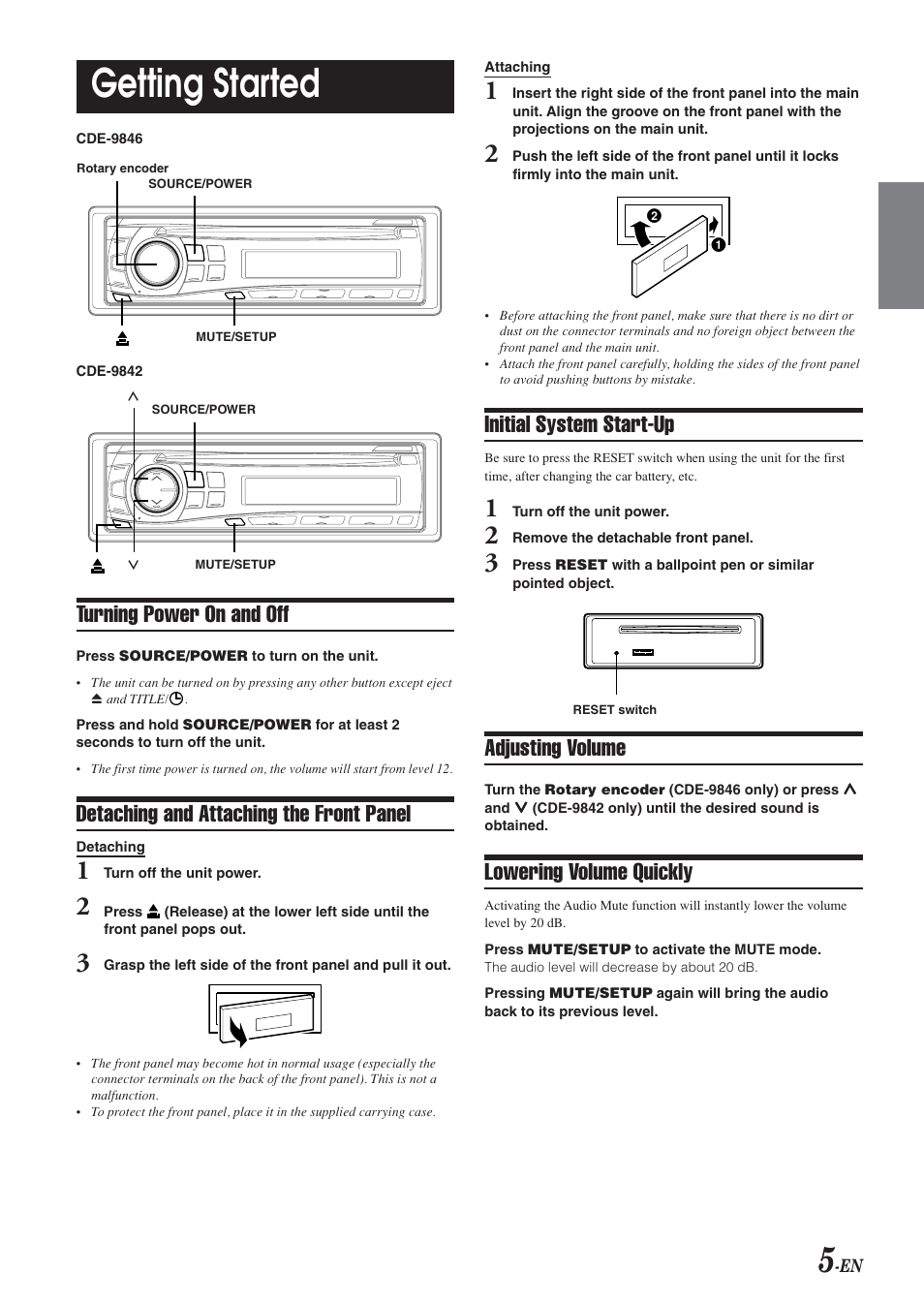 Getting started, Turning power on and off, Detaching and attaching the front panel | Initial system start-up, Adjusting volume, Lowering volume quickly | Alpine CDE-9846 User Manual | Page 6 / 72