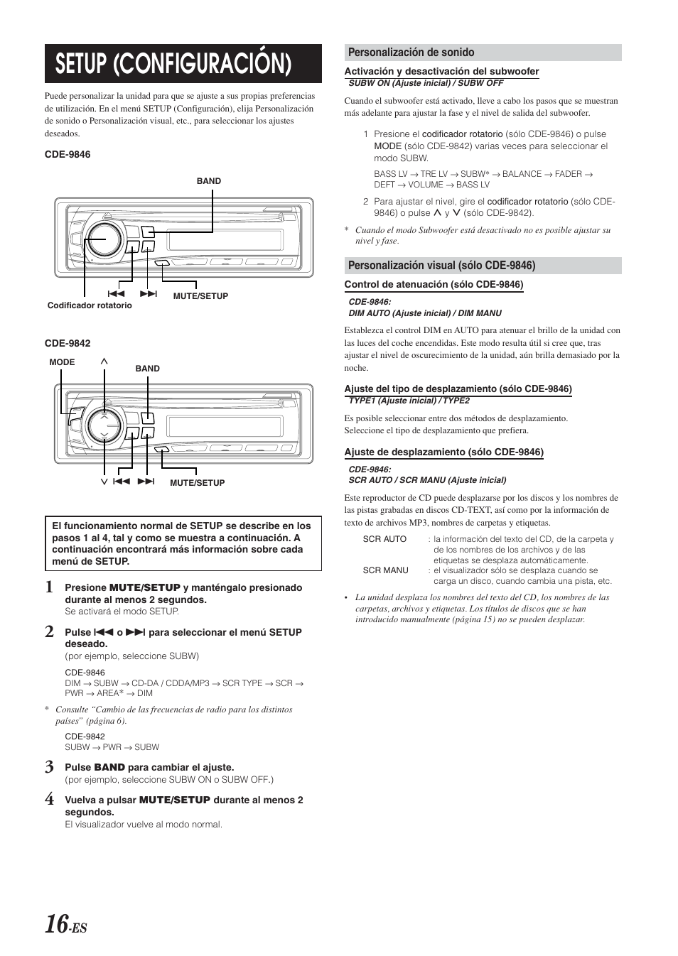 Setup (configuración) | Alpine CDE-9846 User Manual | Page 65 / 72