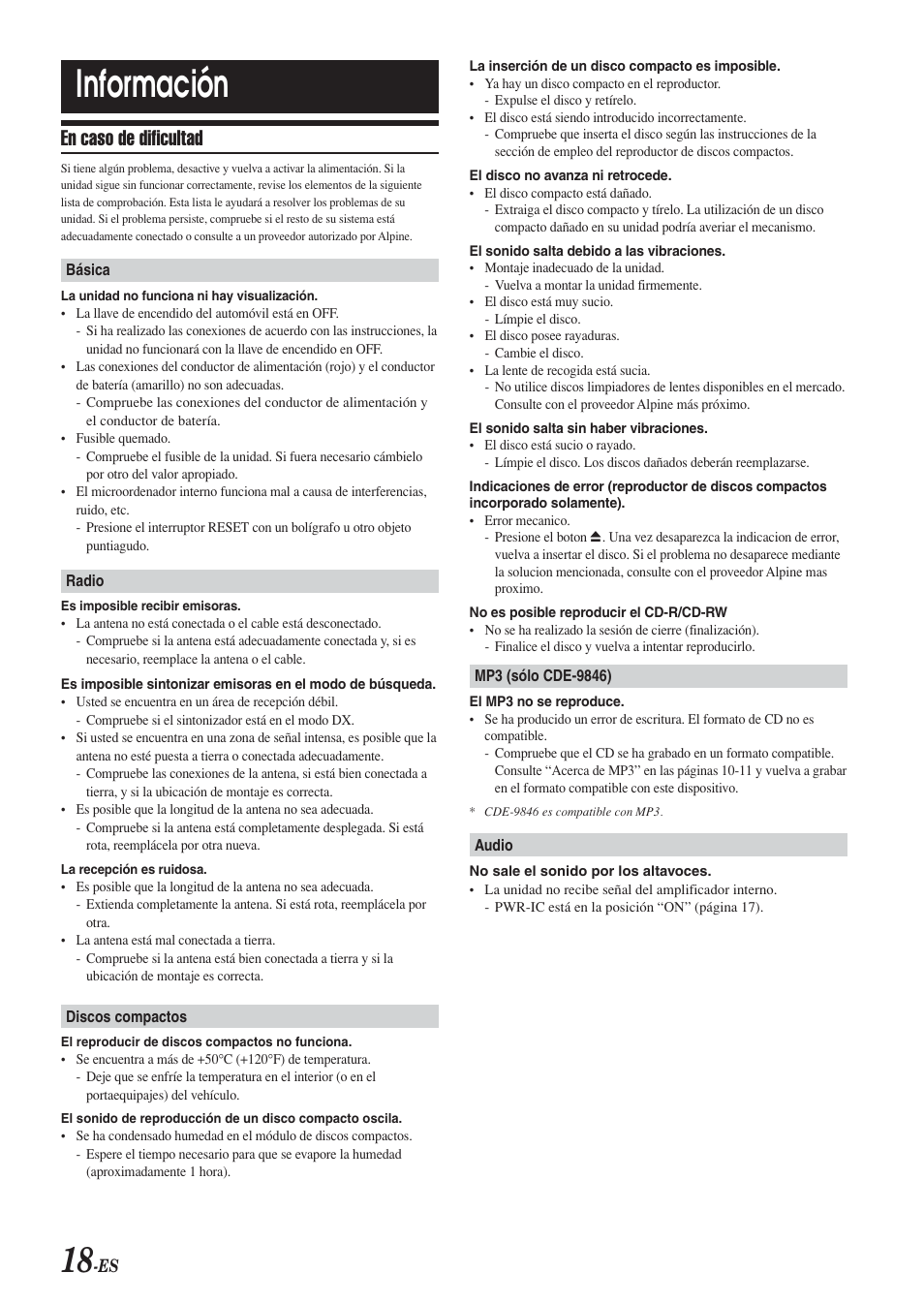 Información, En caso de dificultad | Alpine CDE-9846 User Manual | Page 67 / 72