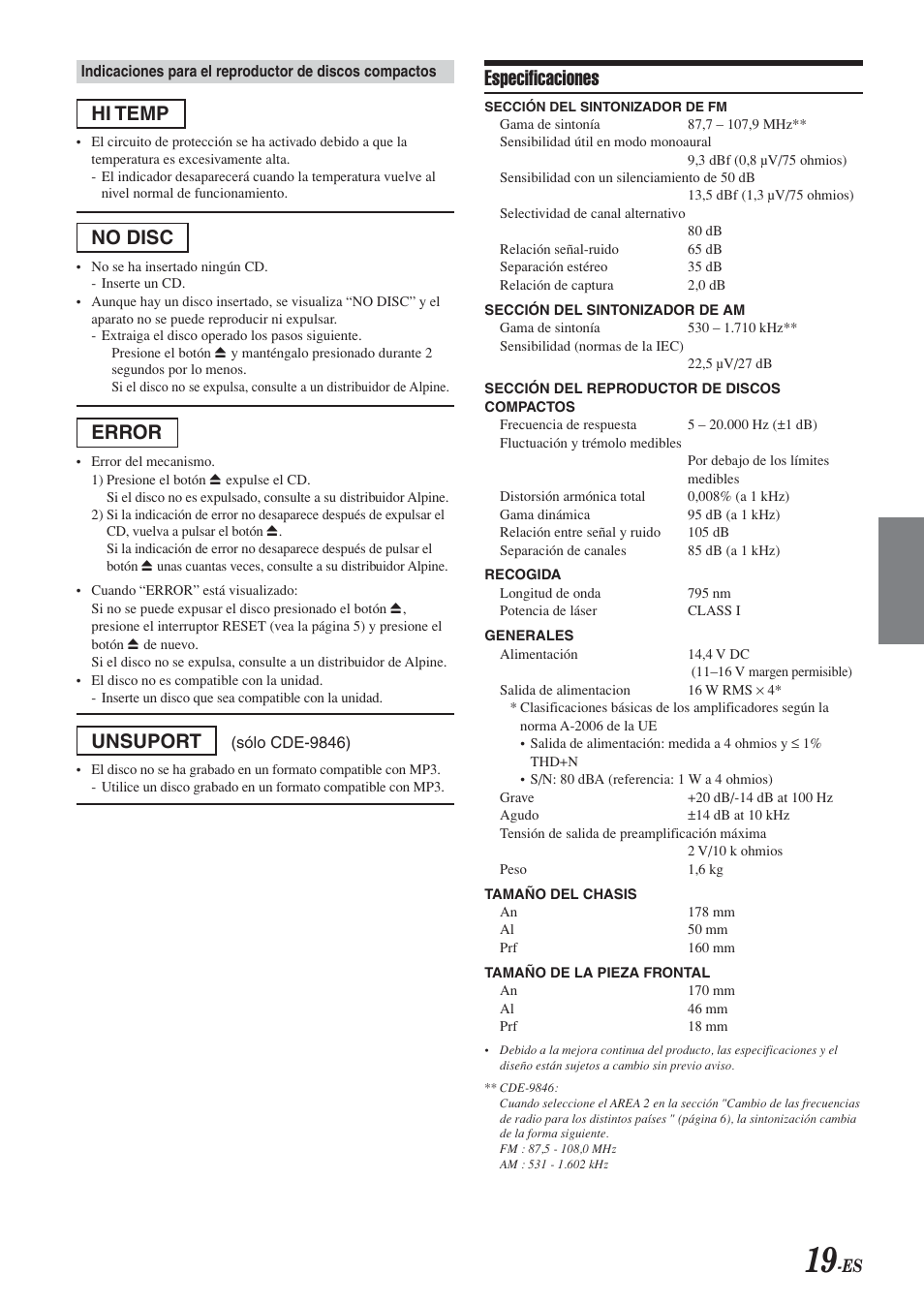 Especificaciones, Hi temp, No disc | Error, Unsuport | Alpine CDE-9846 User Manual | Page 68 / 72