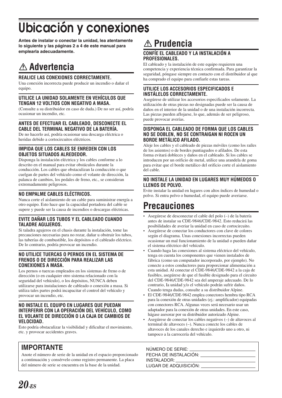 Ubicación y conexiones, Advertencia, Prudencia | Precauciones, Importante | Alpine CDE-9846 User Manual | Page 69 / 72