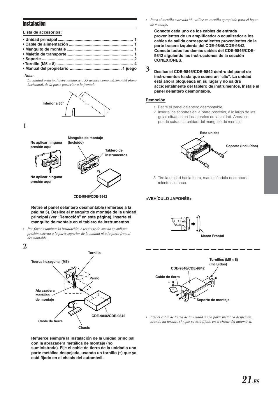 Instalación | Alpine CDE-9846 User Manual | Page 70 / 72