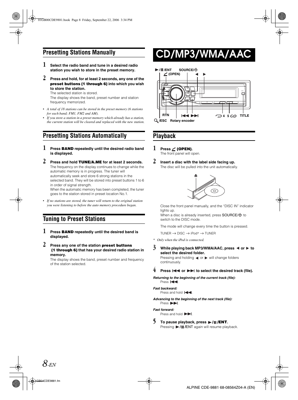 Cd/mp3/wma/aac, Presetting stations manually, Presetting stations automatically | Tuning to preset stations, Playback | Alpine CDE-9881 User Manual | Page 10 / 88