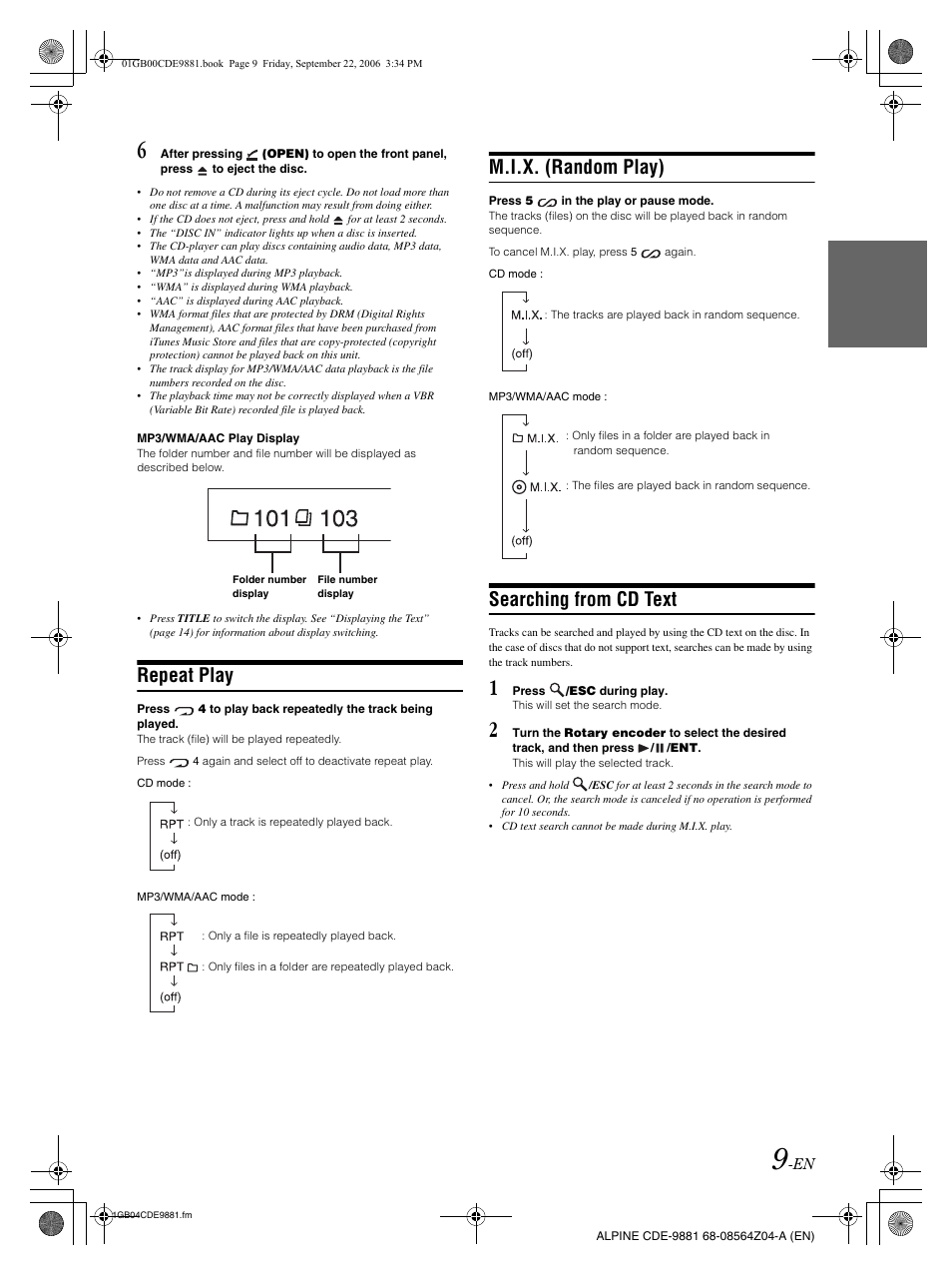 Repeat play, M.i.x. (random play), Searching from cd text | Alpine CDE-9881 User Manual | Page 11 / 88