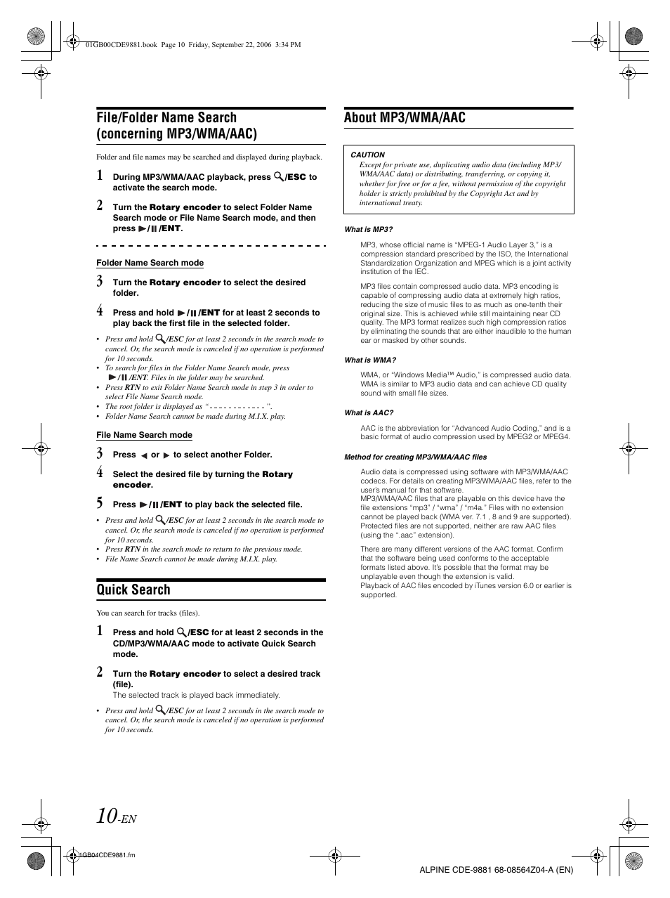 File/folder name search (concerning mp3/wma/aac), Quick search, About mp3/wma/aac | Alpine CDE-9881 User Manual | Page 12 / 88