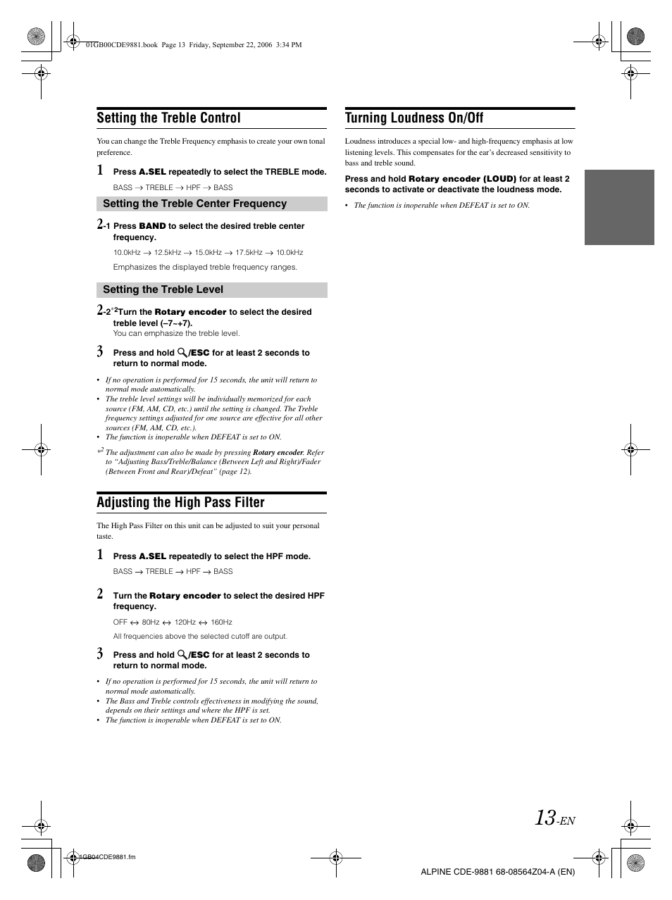 Setting the treble control, Adjusting the high pass filter, Turning loudness on/off | Alpine CDE-9881 User Manual | Page 15 / 88