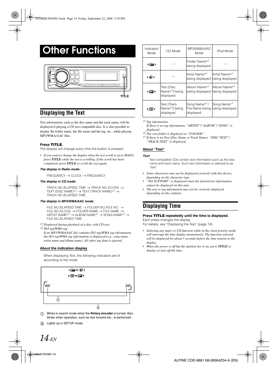 Other functions, Displaying the text, Displaying time | Alpine CDE-9881 User Manual | Page 16 / 88