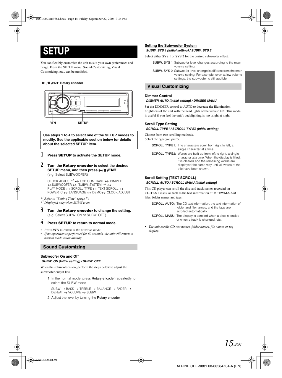 Setup, Sound customizing, Visual customizing | Alpine CDE-9881 User Manual | Page 17 / 88