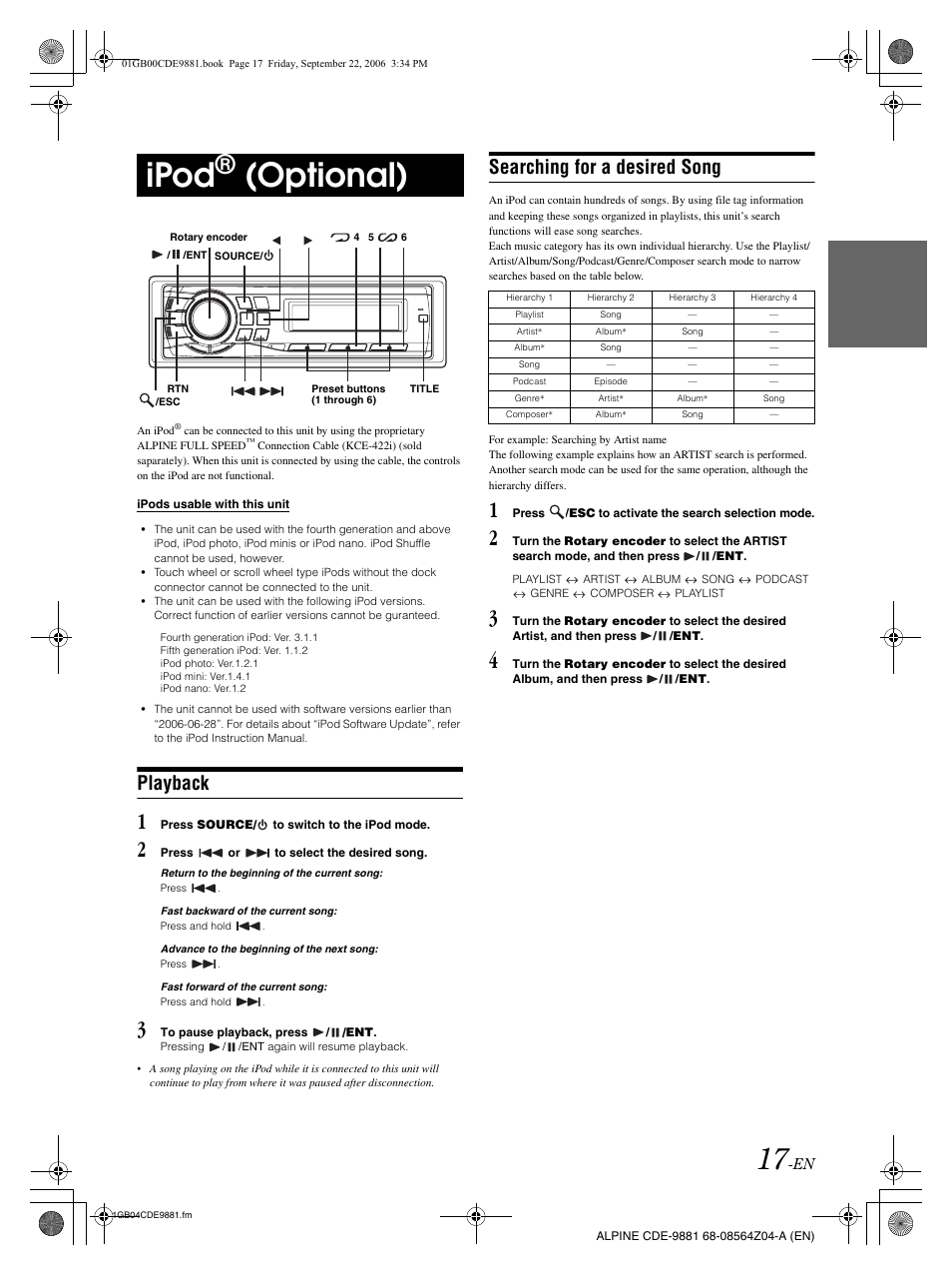 Ipod, Optional), Playback | Searching for a desired song | Alpine CDE-9881 User Manual | Page 19 / 88