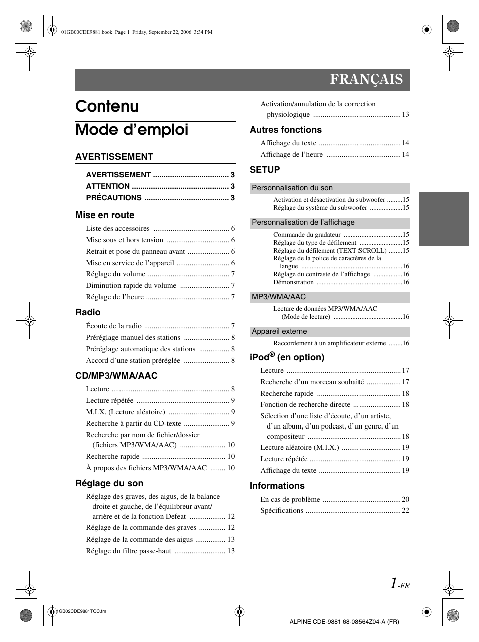 Contenu mode d’emploi, Français | Alpine CDE-9881 User Manual | Page 32 / 88