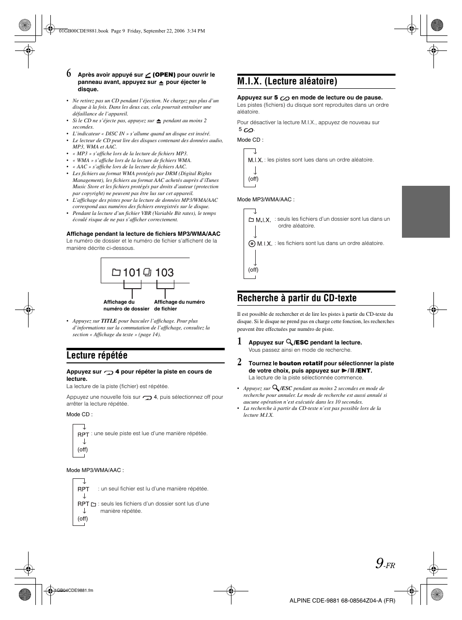 Lecture répétée, M.i.x. (lecture aléatoire), Recherche à partir du cd-texte | Alpine CDE-9881 User Manual | Page 40 / 88