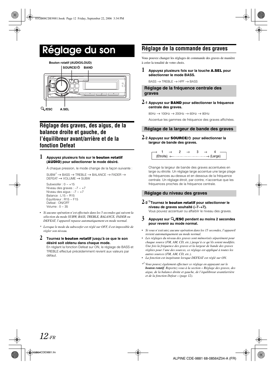 Réglage du son, Réglage de la commande des graves | Alpine CDE-9881 User Manual | Page 43 / 88