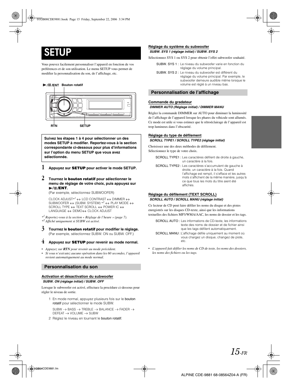 Setup, Personnalisation du son, Personnalisation de l’affichage | Alpine CDE-9881 User Manual | Page 46 / 88