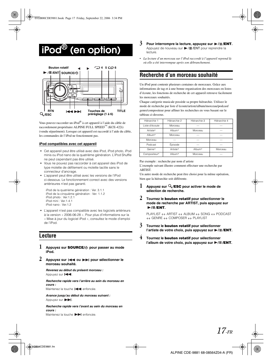 Ipod, En option), Lecture | Recherche d’un morceau souhaité | Alpine CDE-9881 User Manual | Page 48 / 88