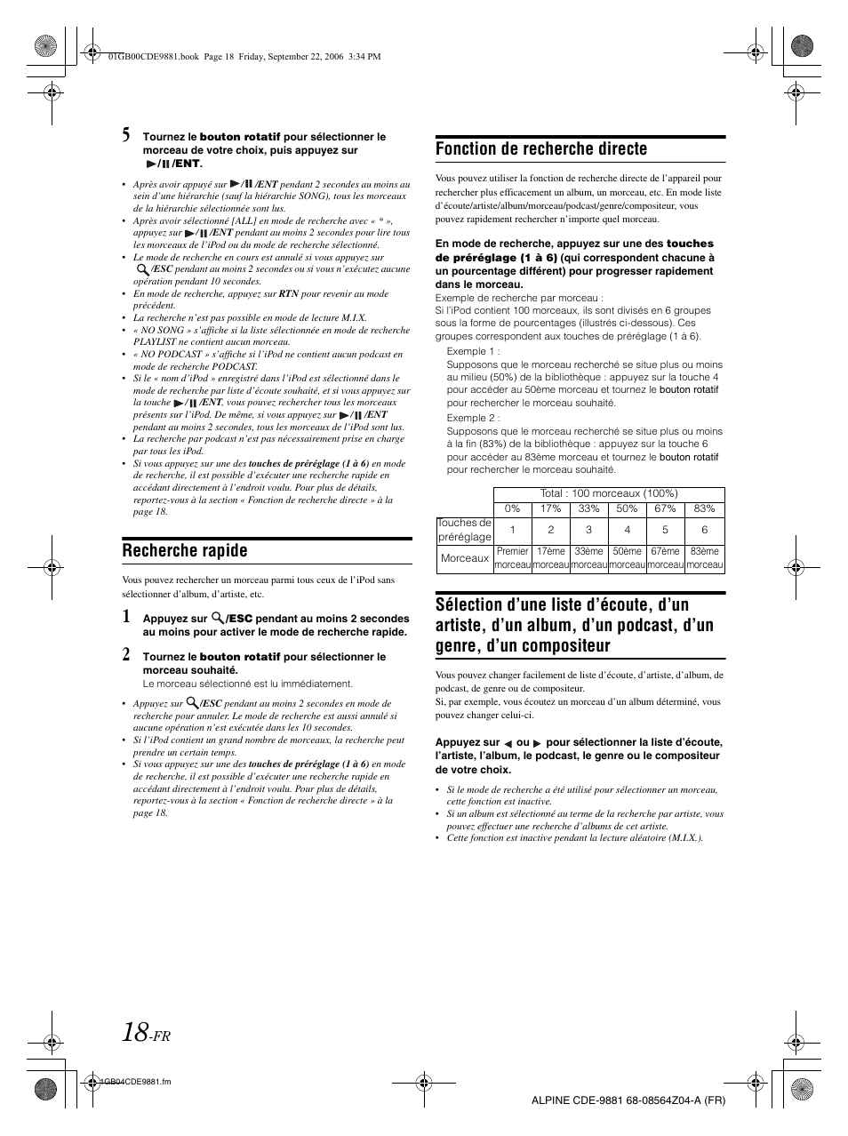 Recherche rapide, Fonction de recherche directe | Alpine CDE-9881 User Manual | Page 49 / 88