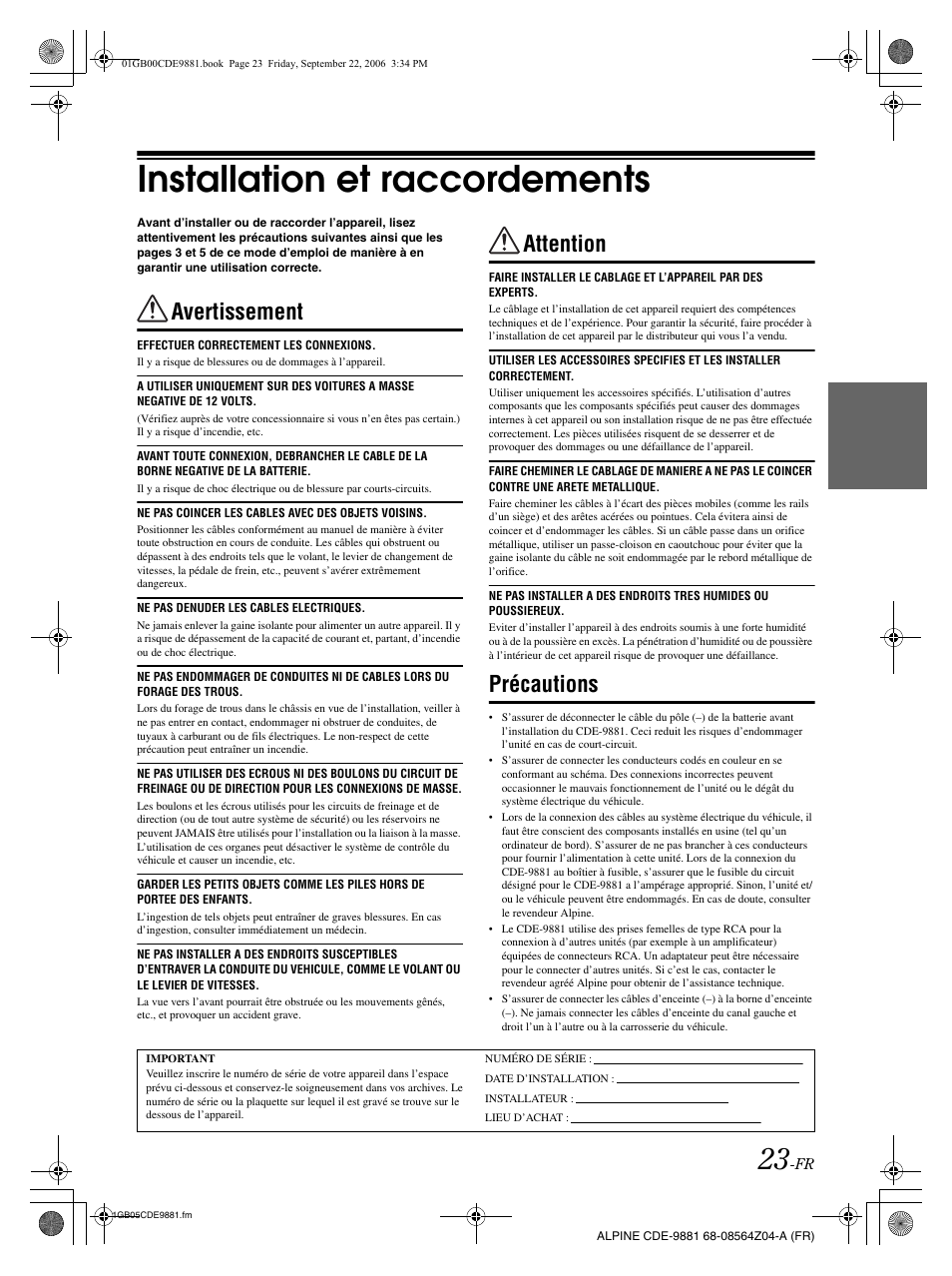 Installation et raccordements, Avertissement, Attention | Précautions | Alpine CDE-9881 User Manual | Page 54 / 88