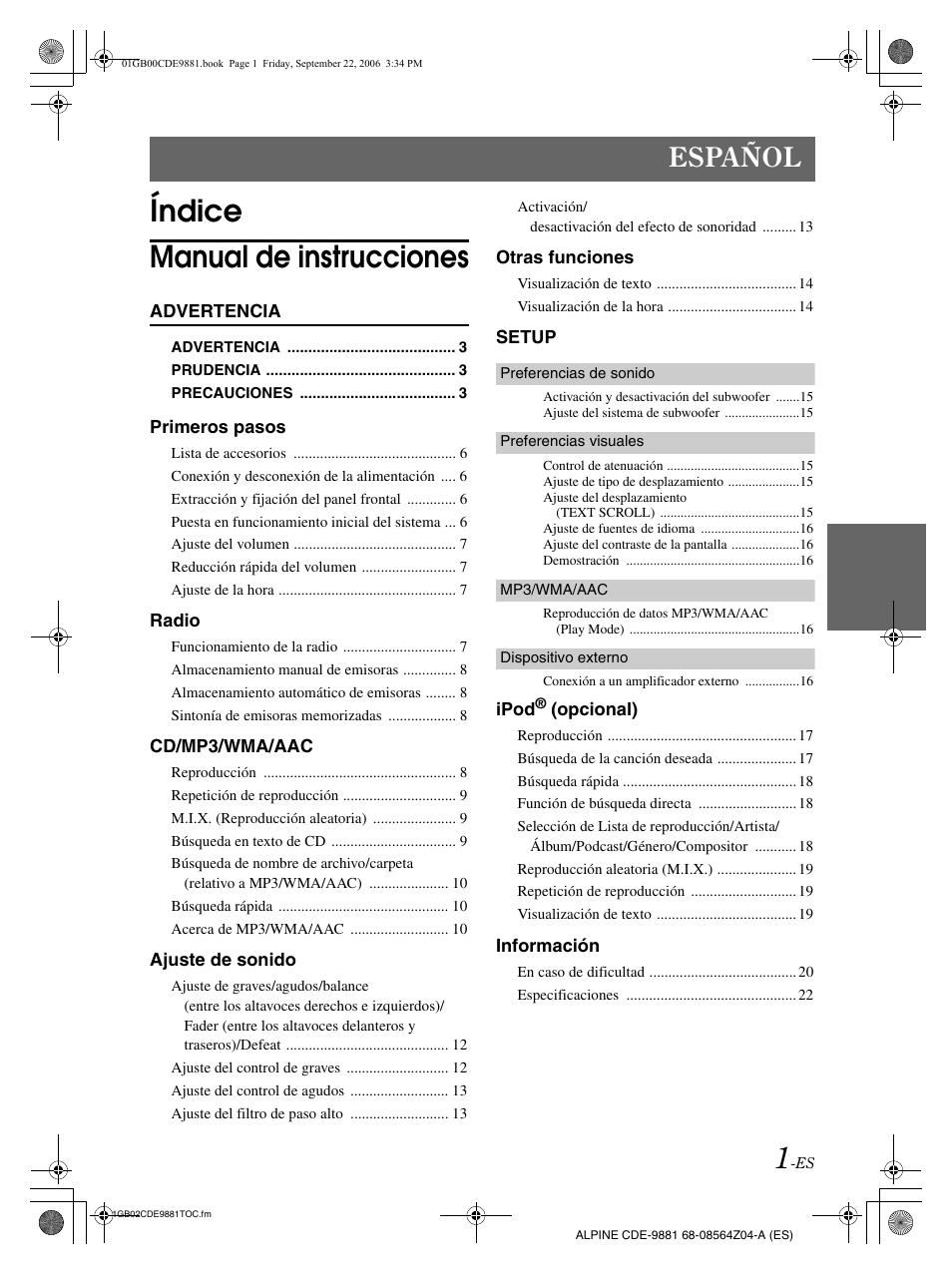 Índice manual de instrucciones, Español | Alpine CDE-9881 User Manual | Page 61 / 88