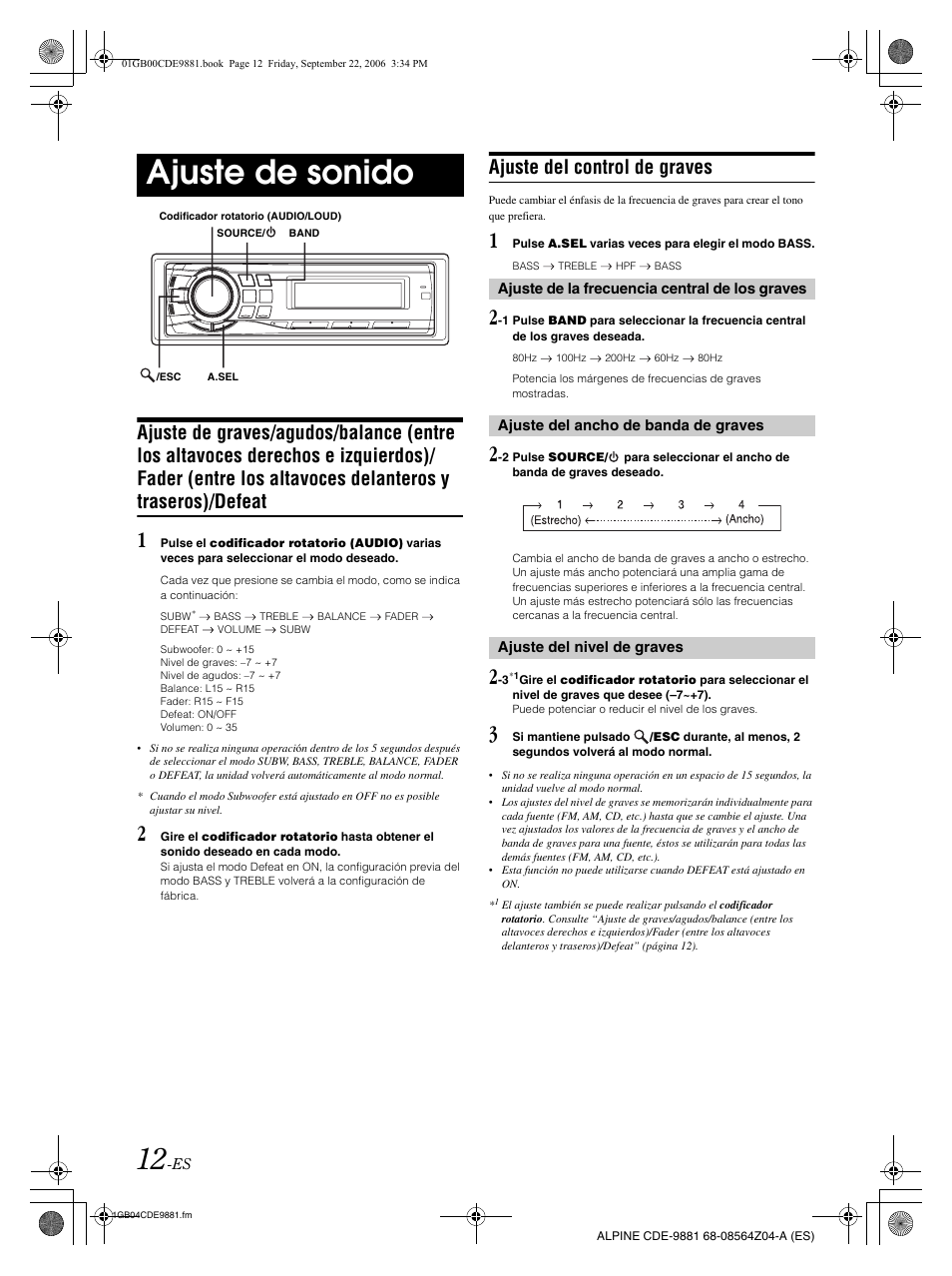 Ajuste de sonido, Ajuste del control de graves | Alpine CDE-9881 User Manual | Page 72 / 88