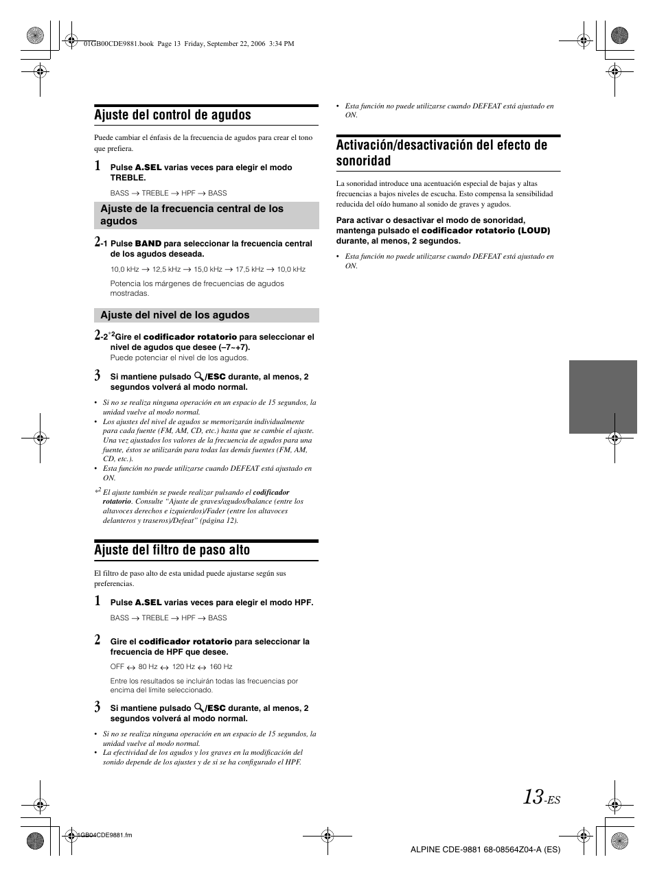 Ajuste del control de agudos, Ajuste del filtro de paso alto, Activación/desactivación del efecto de sonoridad | Alpine CDE-9881 User Manual | Page 73 / 88