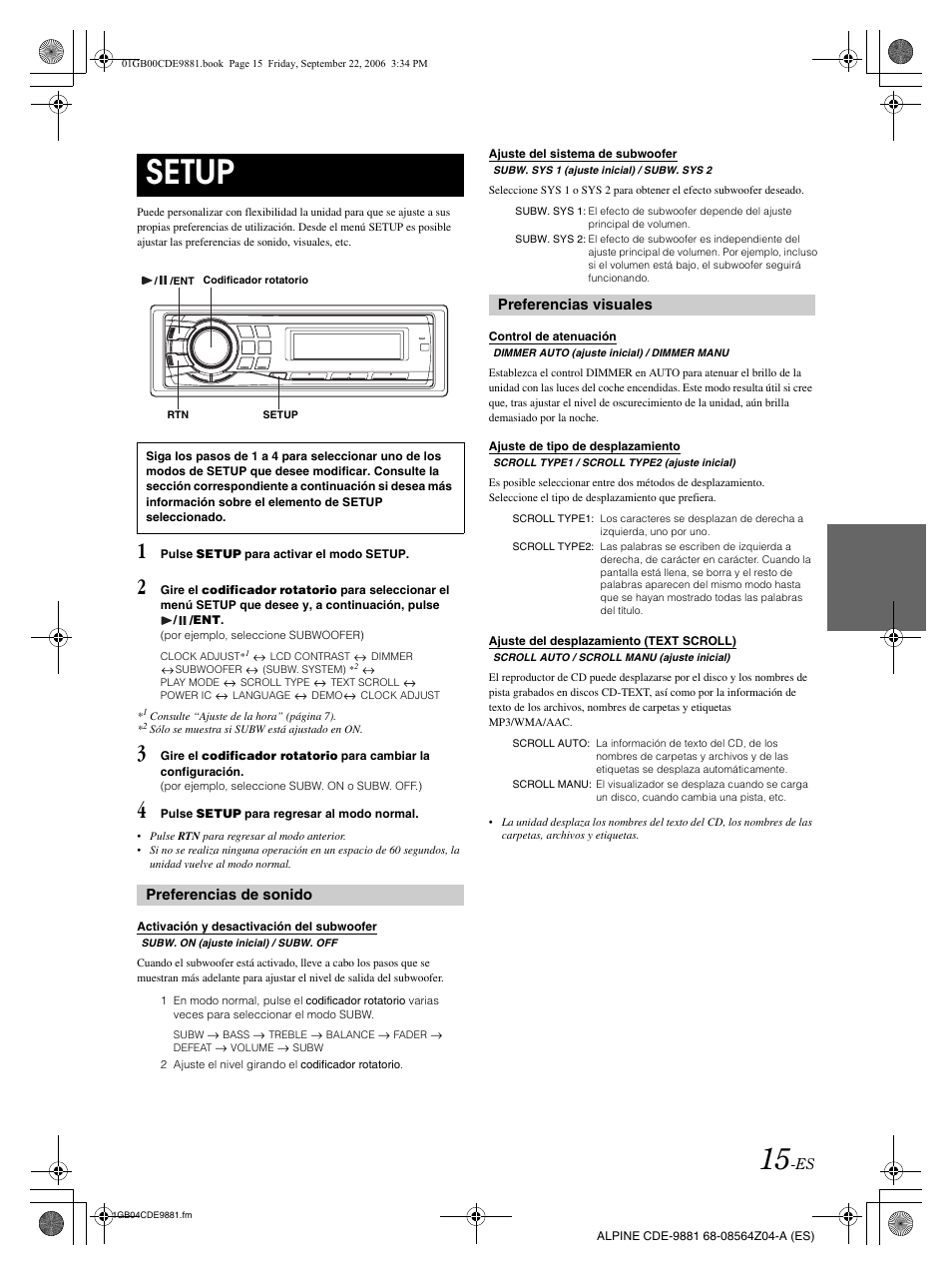 Setup, Preferencias de sonido, Preferencias visuales | Alpine CDE-9881 User Manual | Page 75 / 88
