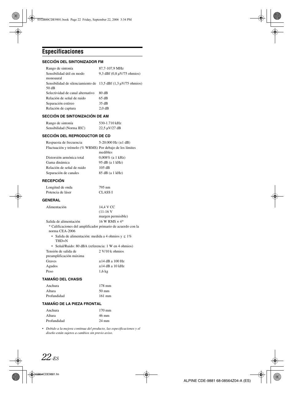 Especificaciones | Alpine CDE-9881 User Manual | Page 82 / 88
