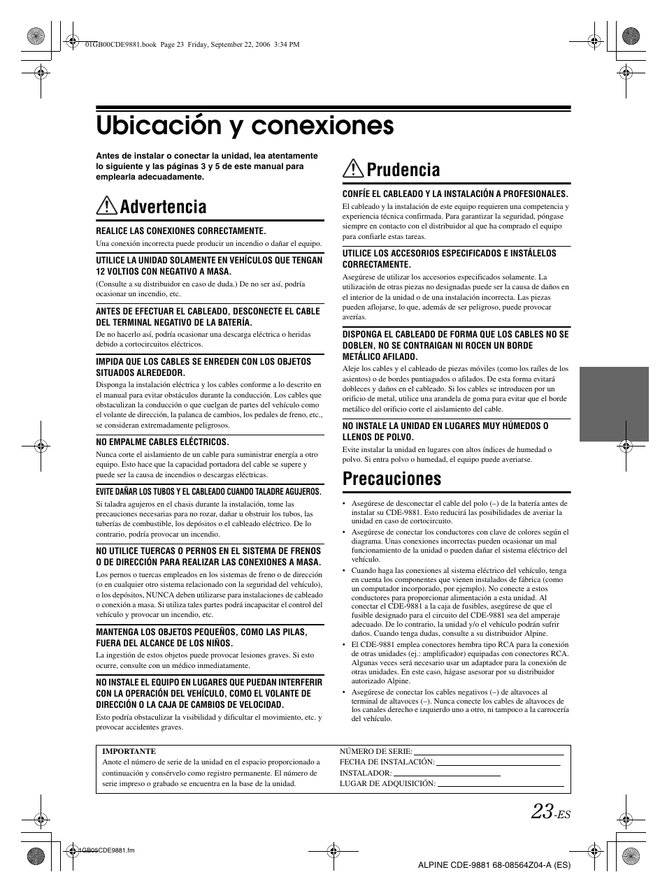 Ubicación y conexiones, Advertencia, Prudencia | Precauciones | Alpine CDE-9881 User Manual | Page 83 / 88