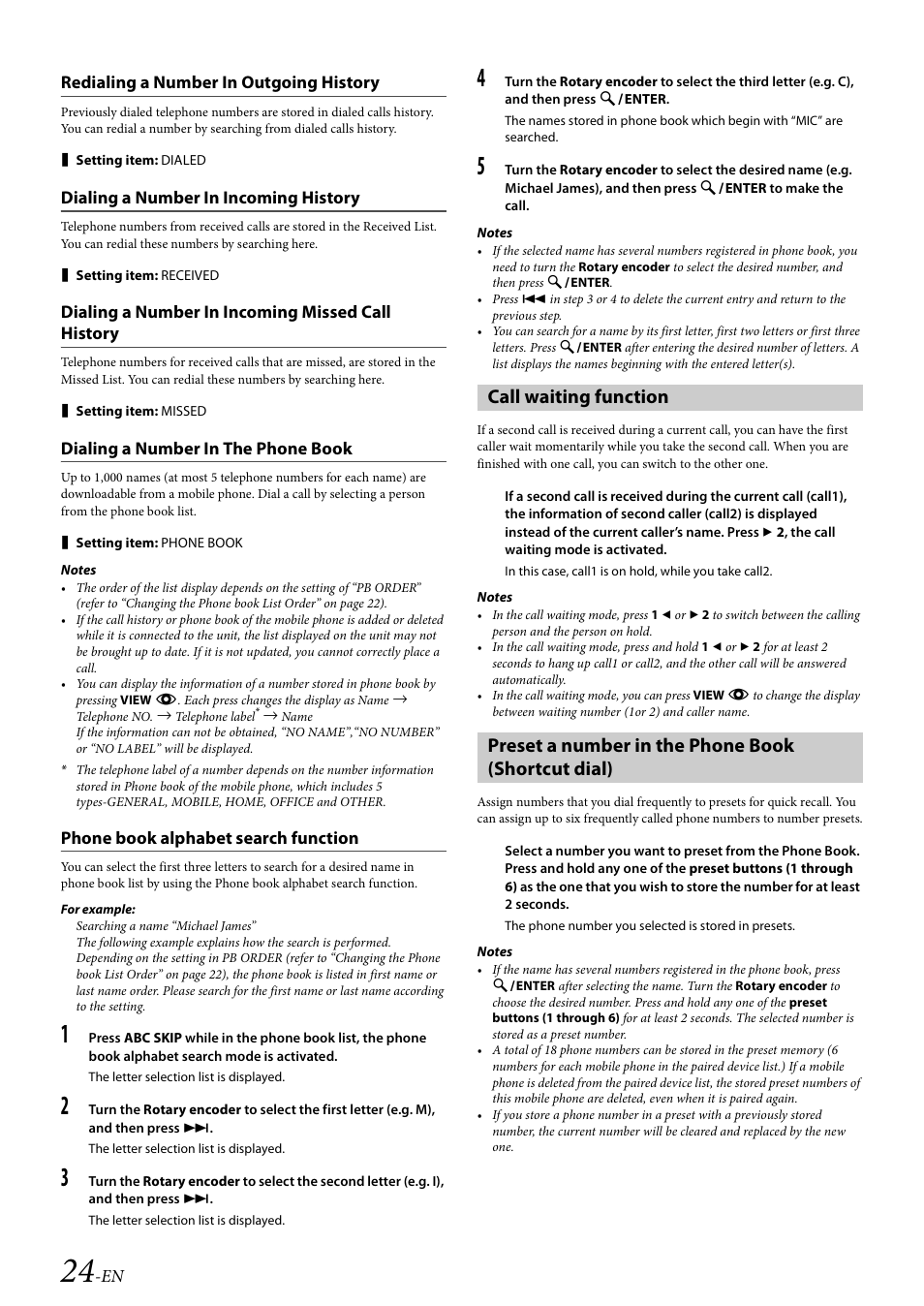 Redialing a number in outgoing history, Dialing a number in incoming history, Dialing a number in incoming missed call history | Dialing a number in the phone book, Phone book alphabet search function, Call waiting function, Preset a number in the phone book (shortcut dial) | Alpine 68-21627Z13-A User Manual | Page 24 / 38