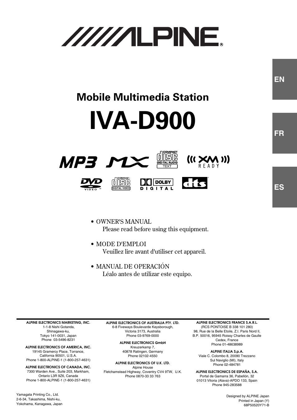 Alpine MOBILE MULTIMEDIA STATION IVA-D900 User Manual | 79 pages