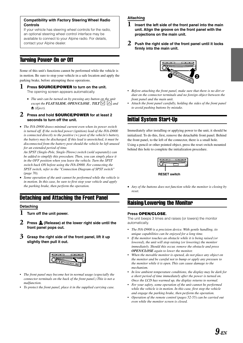 Turning power on or off, Detaching and attaching the front panel, Initial system start-up | Raising/lowering the monitor | Alpine MOBILE MULTIMEDIA STATION IVA-D900 User Manual | Page 11 / 79