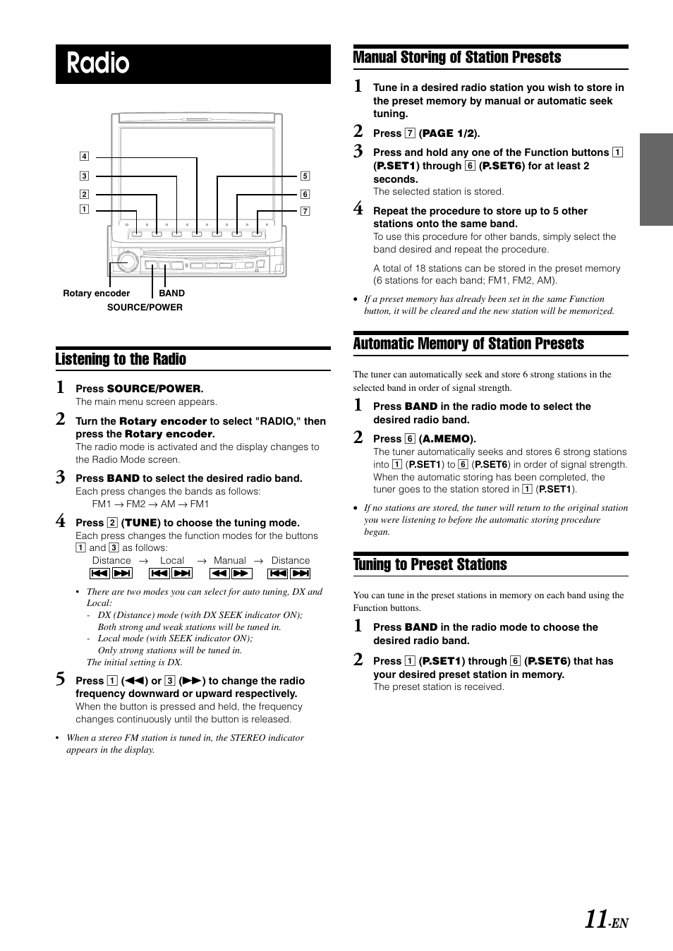 Radio, Listening to the radio, Manual storing of station presets | Tuning to preset stations | Alpine MOBILE MULTIMEDIA STATION IVA-D900 User Manual | Page 13 / 79