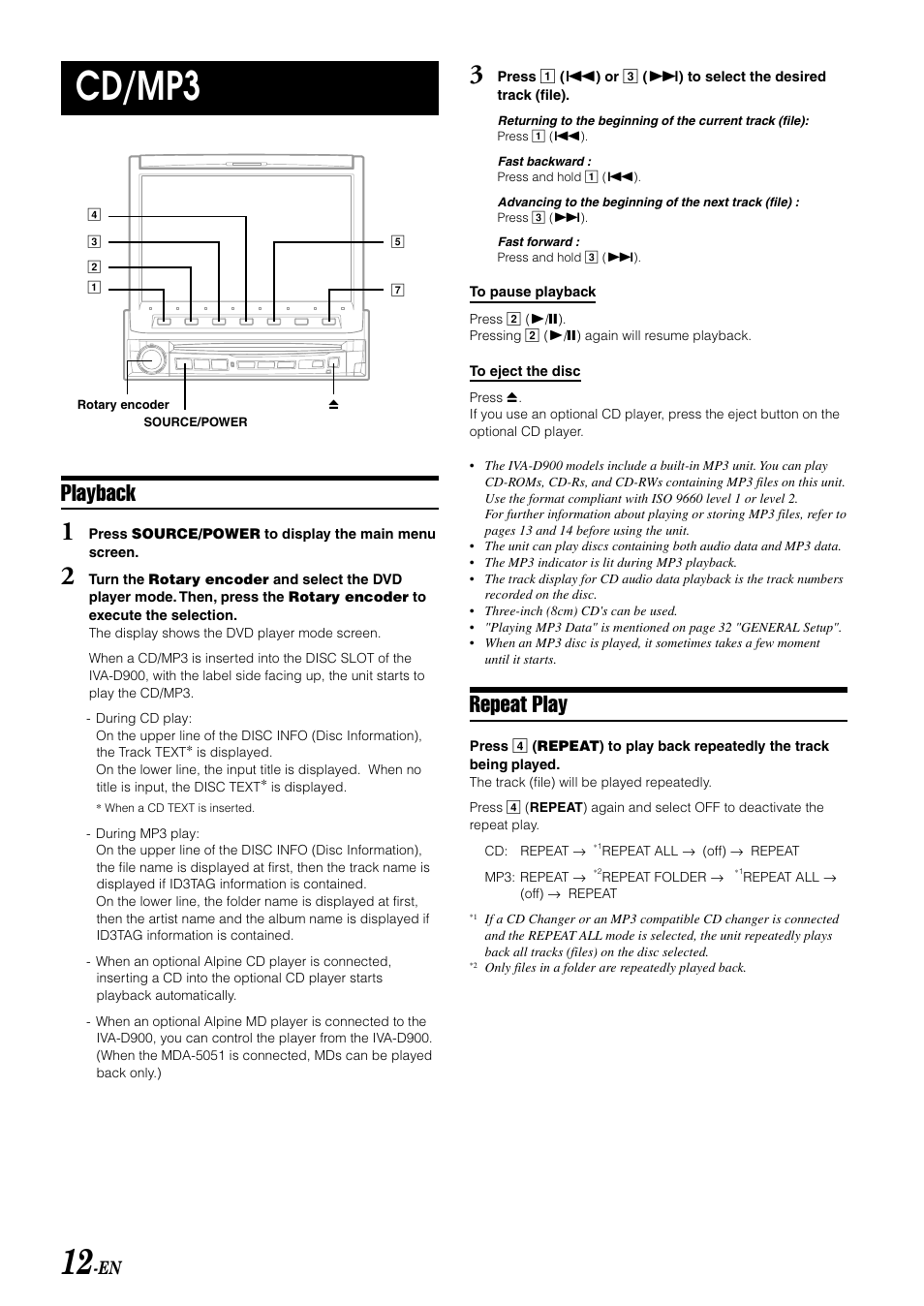Cd/mp3, Repeat play, Playback | Alpine MOBILE MULTIMEDIA STATION IVA-D900 User Manual | Page 14 / 79