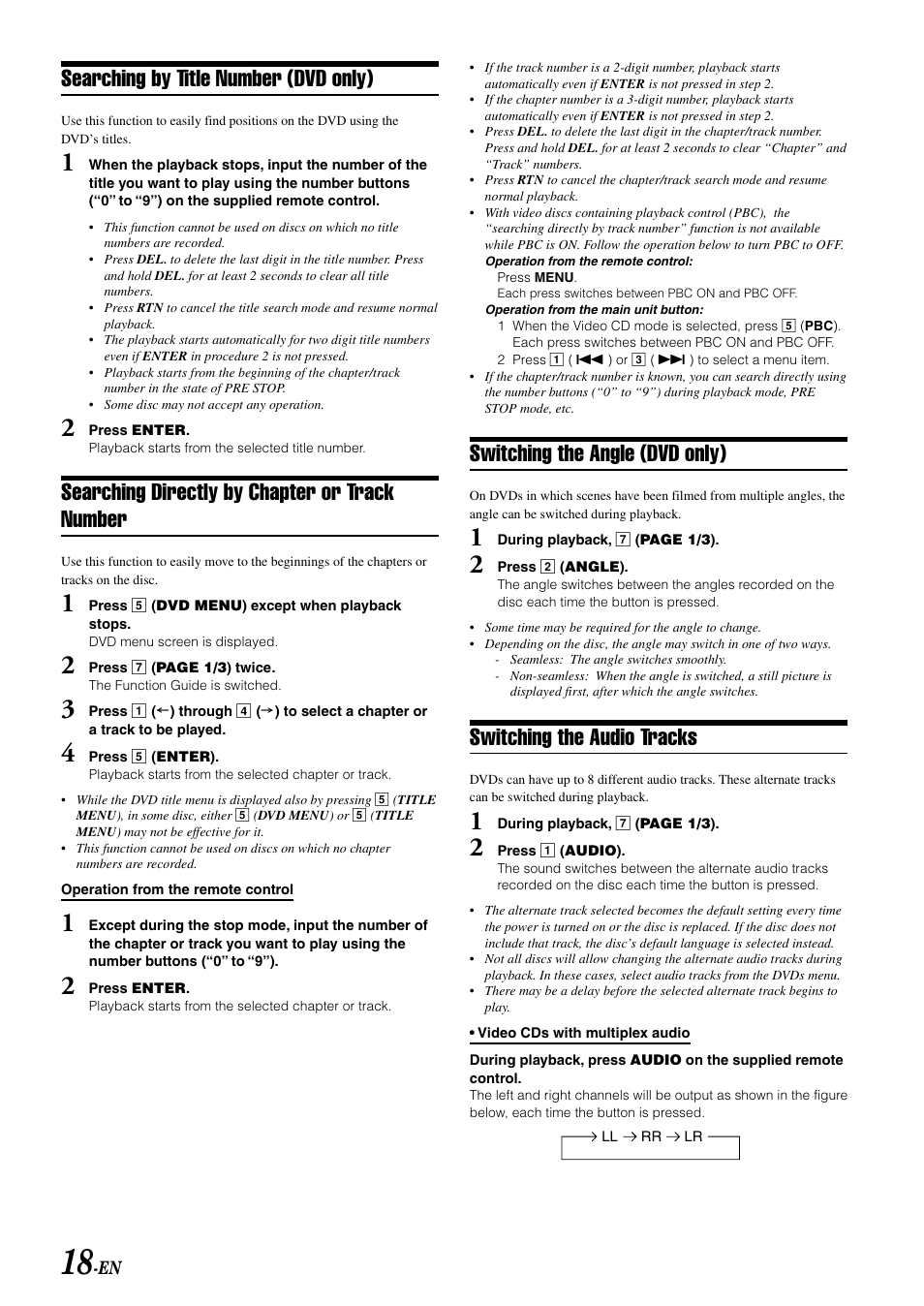 Searching by title number (dvd only), Searching directly by chapter or track number, Switching the angle (dvd only) | Switching the audio tracks | Alpine MOBILE MULTIMEDIA STATION IVA-D900 User Manual | Page 20 / 79