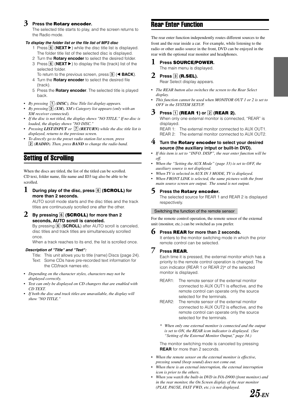 Setting of scrolling, Rear enter function | Alpine MOBILE MULTIMEDIA STATION IVA-D900 User Manual | Page 27 / 79