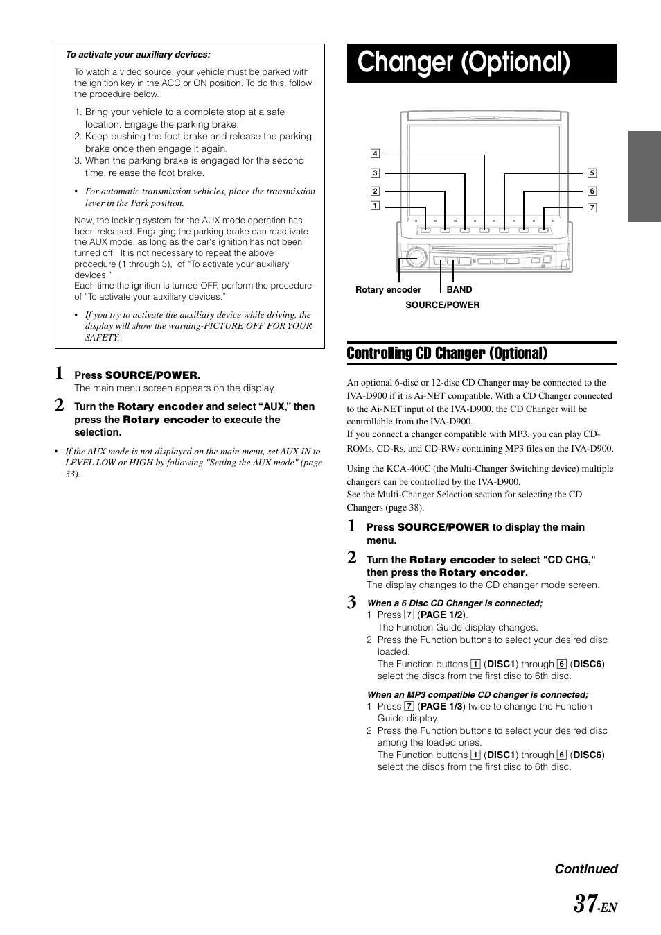 Changer (optional), Controlling cd changer (optional) | Alpine MOBILE MULTIMEDIA STATION IVA-D900 User Manual | Page 39 / 79