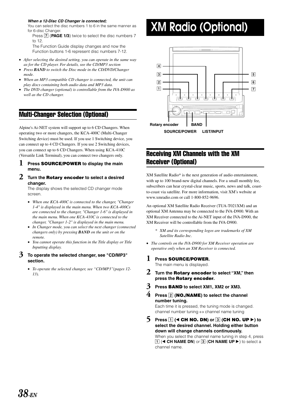 Xm radio (optional), Multi-changer selection (optional) | Alpine MOBILE MULTIMEDIA STATION IVA-D900 User Manual | Page 40 / 79