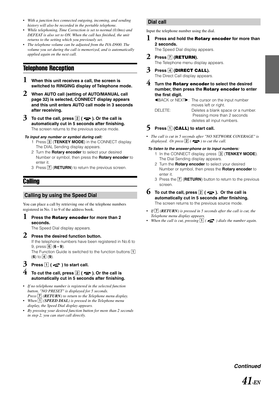 Telephone reception, Calling | Alpine MOBILE MULTIMEDIA STATION IVA-D900 User Manual | Page 43 / 79