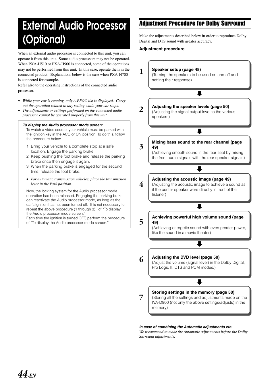 External audio processor (optional), Adjustment procedure for dolby surround | Alpine MOBILE MULTIMEDIA STATION IVA-D900 User Manual | Page 46 / 79