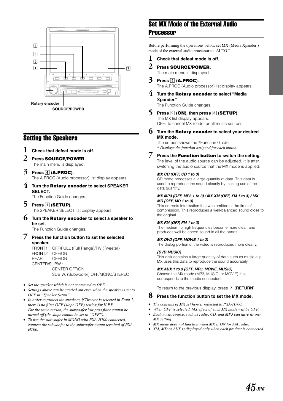 Set mx mode of the external audio processor, Setting the speakers | Alpine MOBILE MULTIMEDIA STATION IVA-D900 User Manual | Page 47 / 79