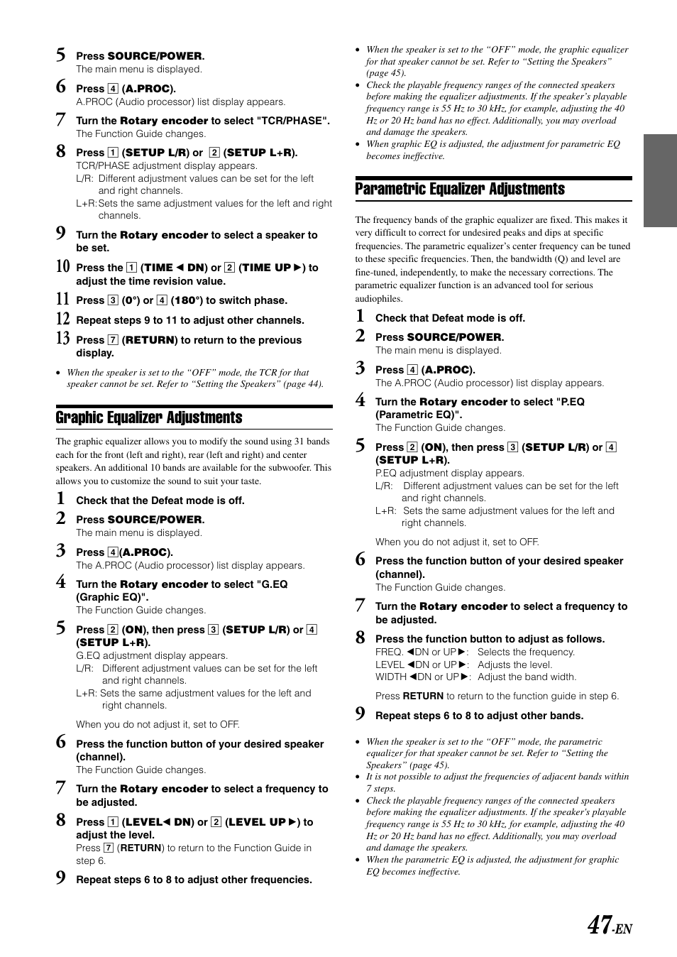 Graphic equalizer adjustments, Parametric equalizer adjustments | Alpine MOBILE MULTIMEDIA STATION IVA-D900 User Manual | Page 49 / 79