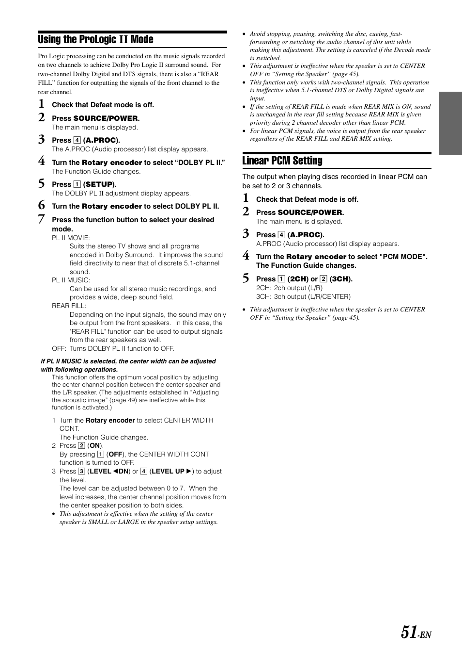 Linear pcm setting, Using the prologic ii mode | Alpine MOBILE MULTIMEDIA STATION IVA-D900 User Manual | Page 53 / 79