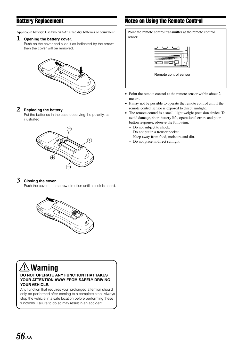 Warning, Battery replacement | Alpine MOBILE MULTIMEDIA STATION IVA-D900 User Manual | Page 58 / 79
