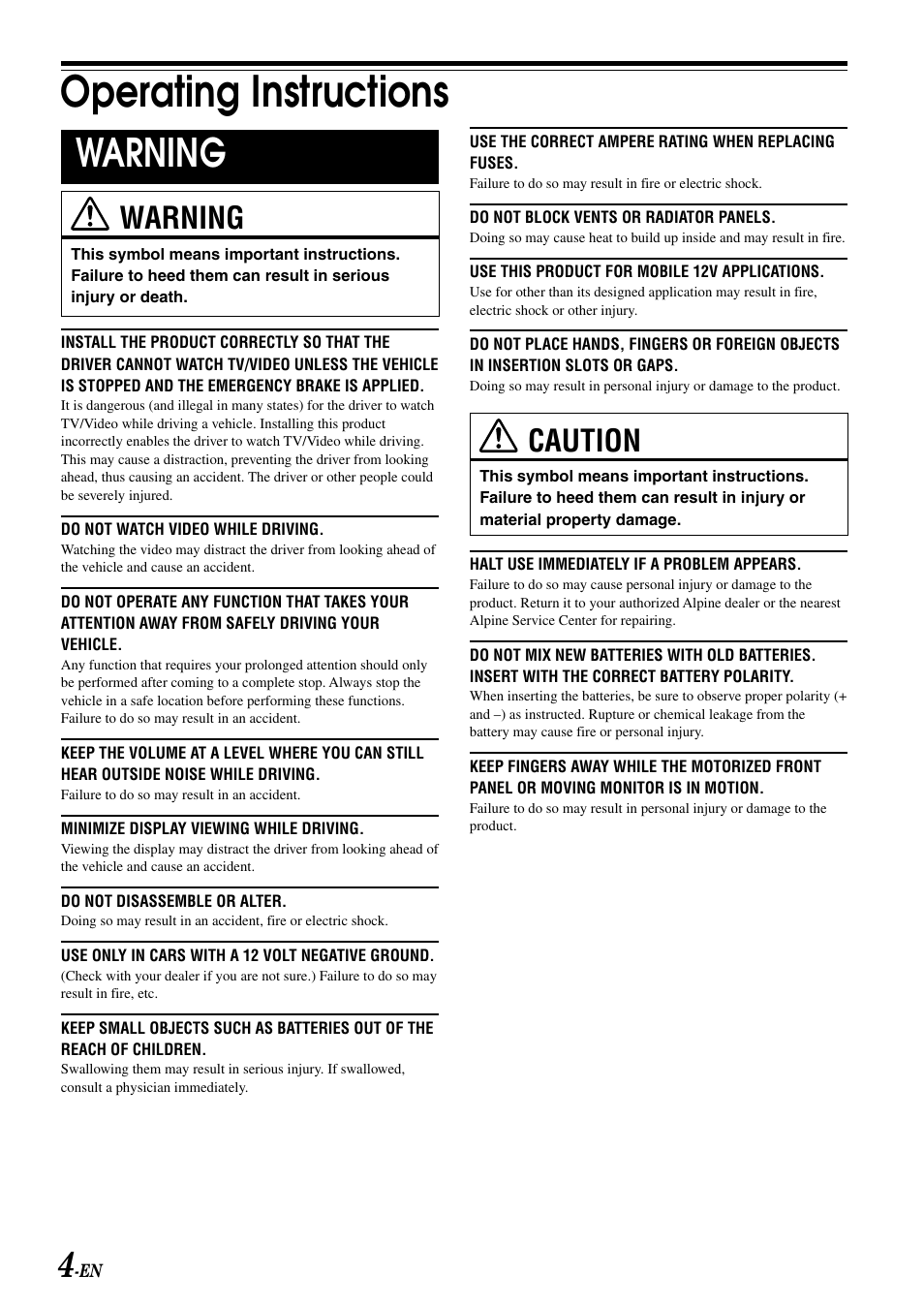 Operating instructions, Warning, Caution | Alpine MOBILE MULTIMEDIA STATION IVA-D900 User Manual | Page 6 / 79
