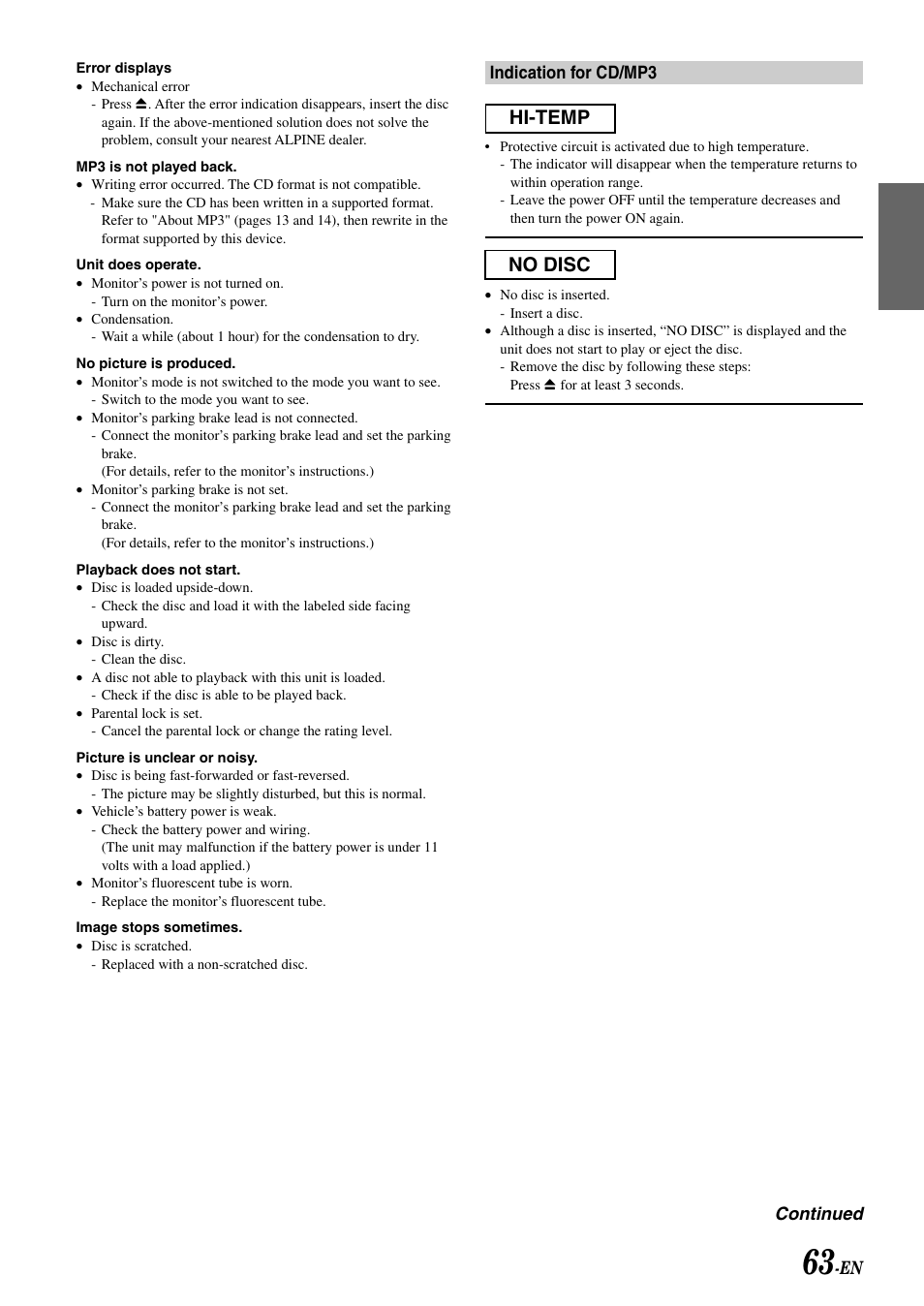 Hi-temp no disc | Alpine MOBILE MULTIMEDIA STATION IVA-D900 User Manual | Page 65 / 79