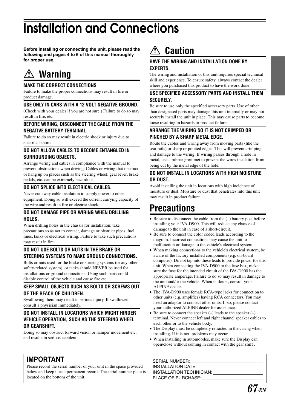 Installation and connections, Caution, Precautions | Warning, Important | Alpine MOBILE MULTIMEDIA STATION IVA-D900 User Manual | Page 69 / 79