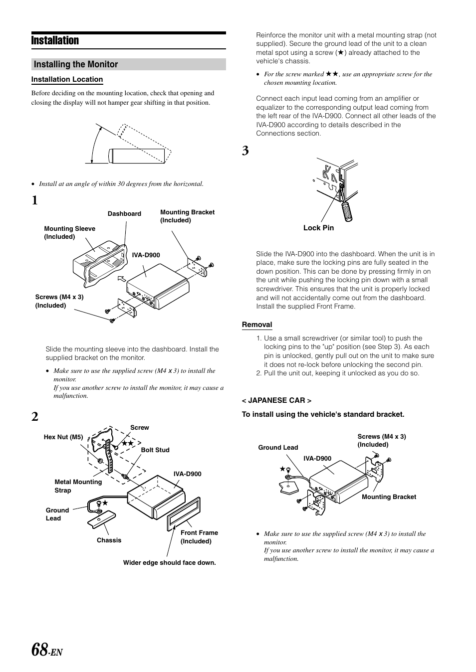 Installation, Installing the monitor | Alpine MOBILE MULTIMEDIA STATION IVA-D900 User Manual | Page 70 / 79